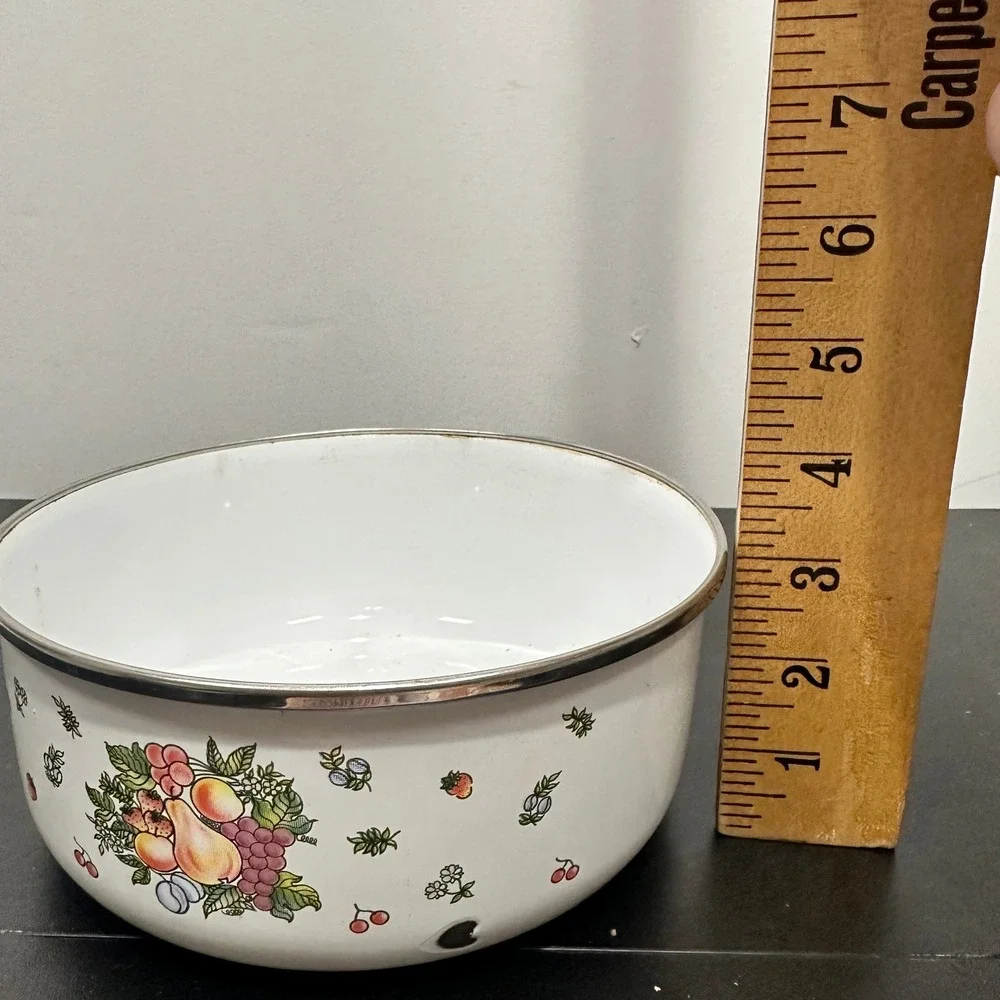 Vintage Enamelware Bowls Set of 2 White Fruit Design‎ Kitchen Decor